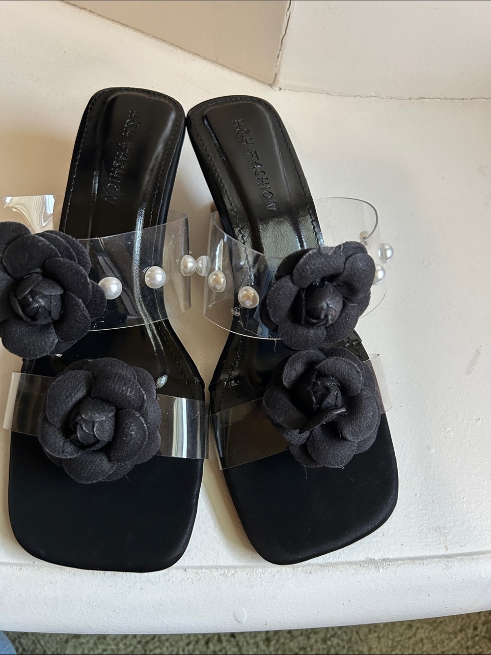 H&M Black Pearl-Accent Floral Clear-Strap Slide Mules